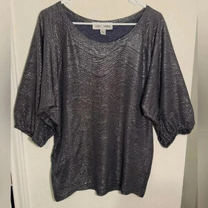 Sara Campbell Gunmetal Gray Metallic Shimmer Short Sleeve Blouse Womens Size L